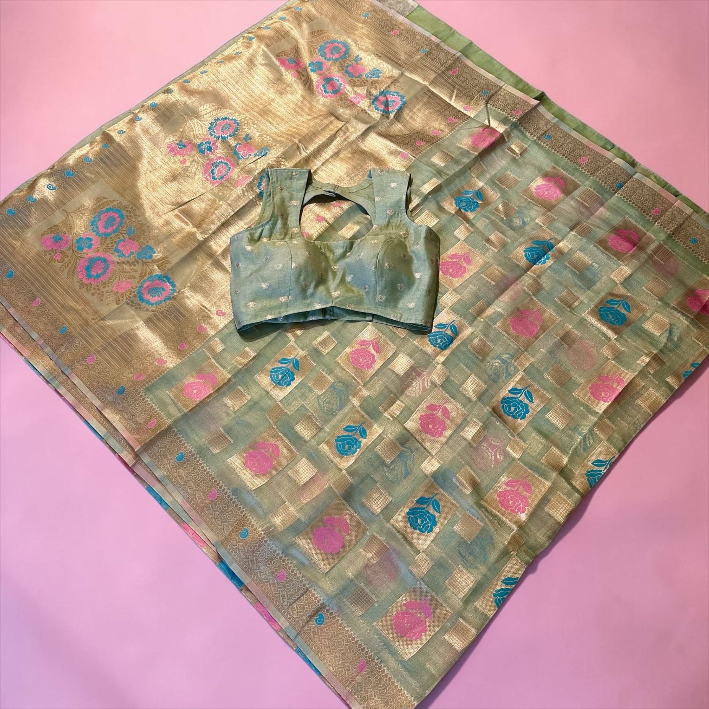 Sea-green chanderi silk saree