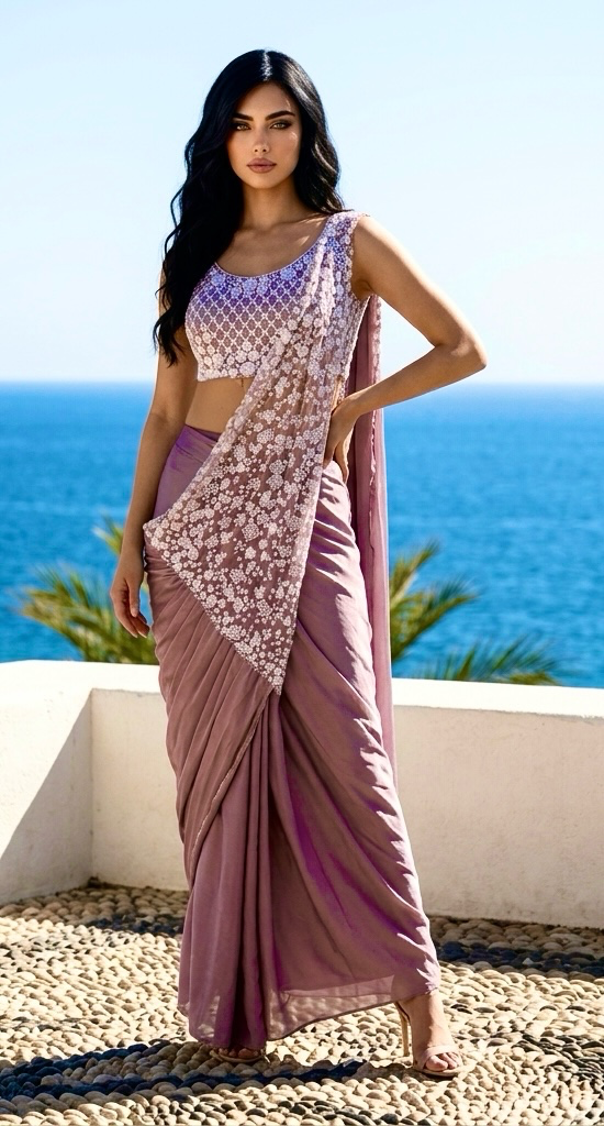 Lavender stitched saree