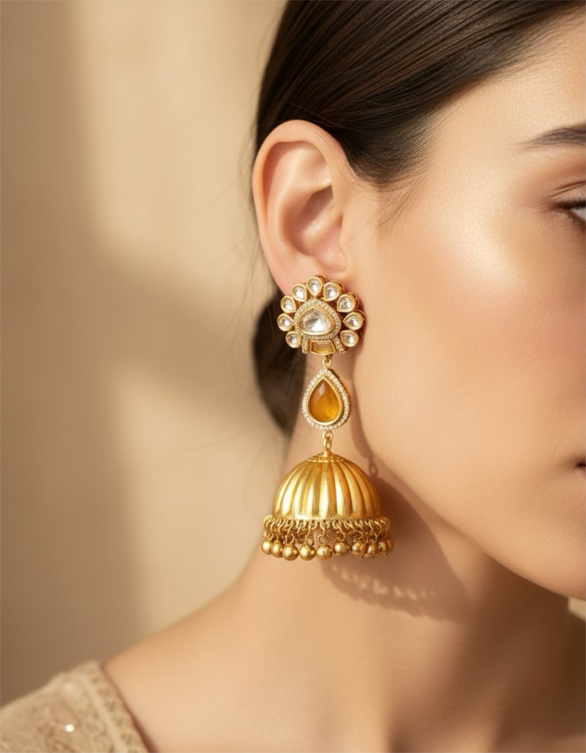 Yellow stone kundan jhumkaas