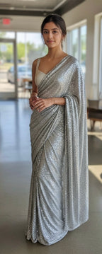 Silver grey sequins saree
