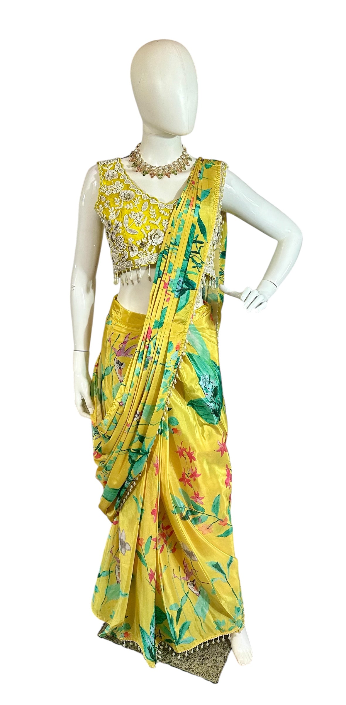 Yellow printed stitched saree