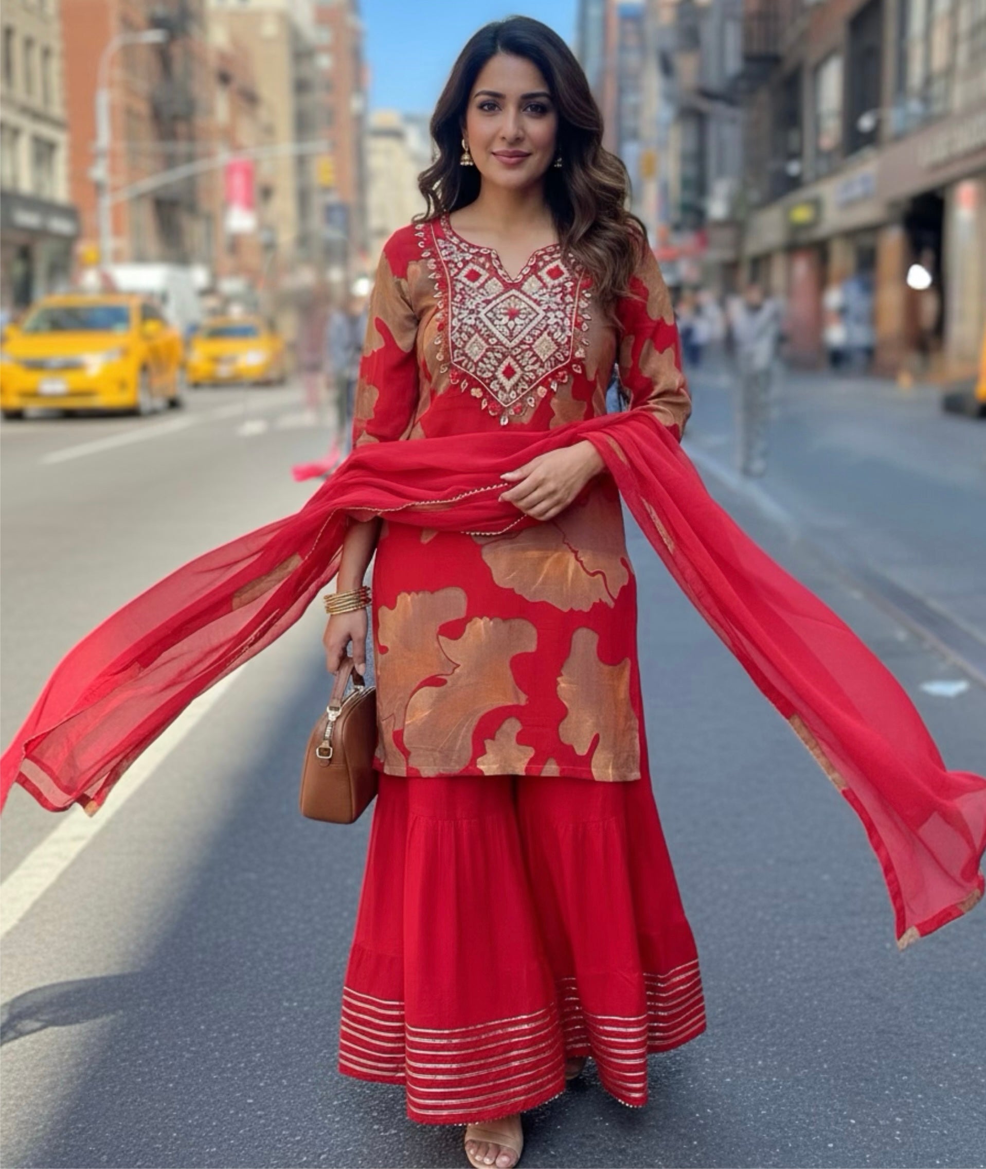Red printed garara suit
