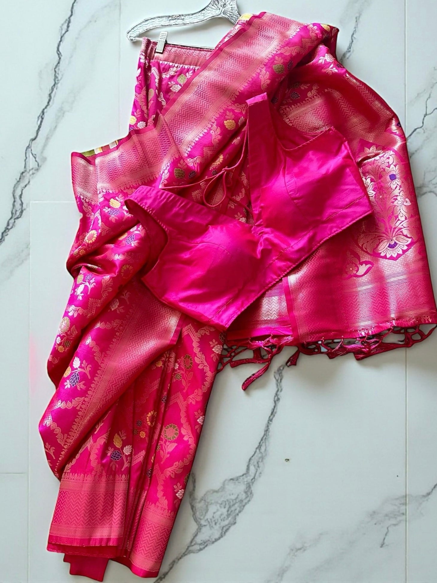 Hot pink silk saree