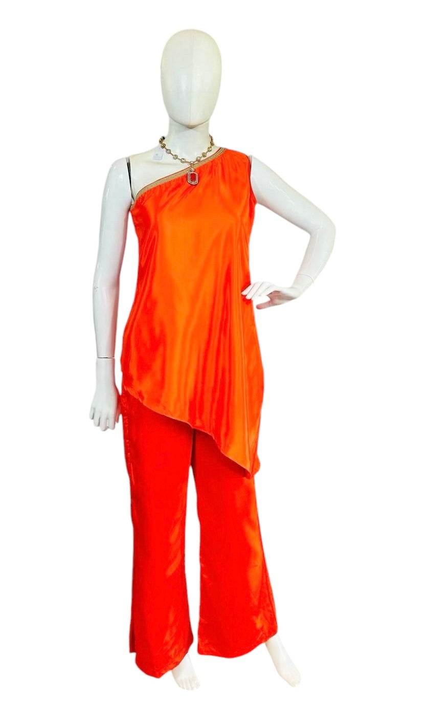 Orange one-shoulder outfit