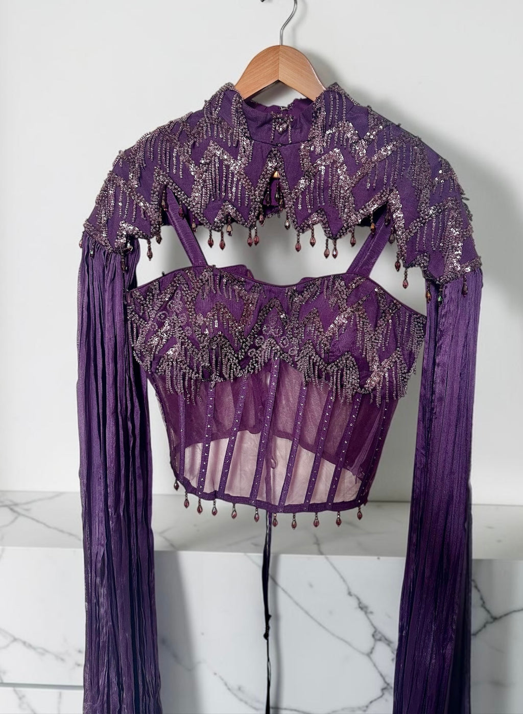 Purple corset lehenga drape