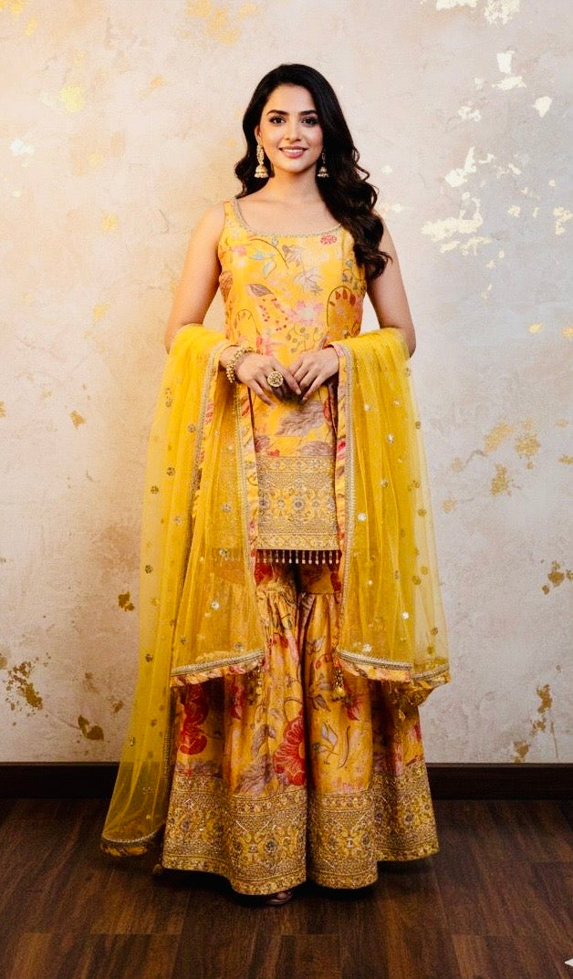 Yellow floral garara suit