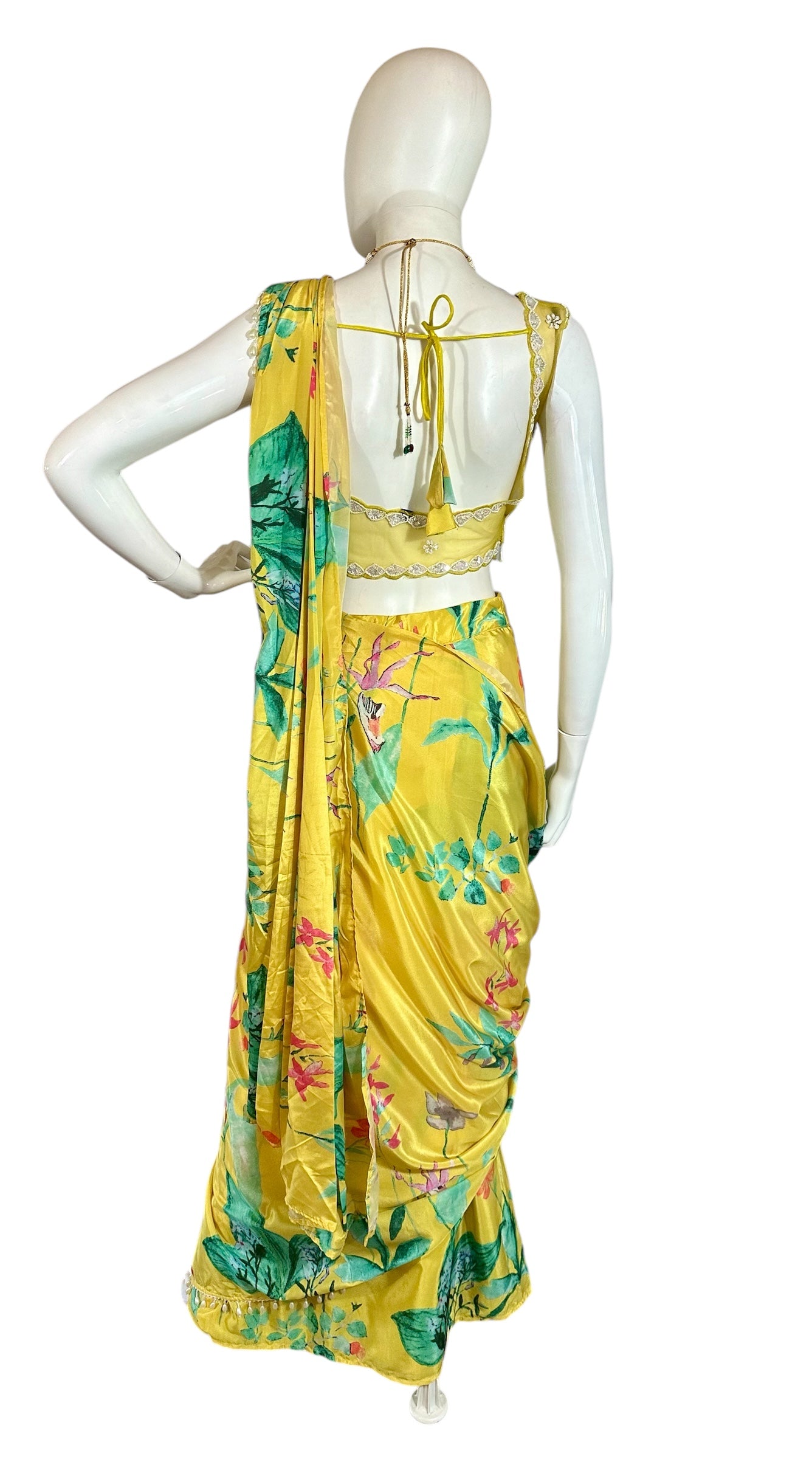 Yellow printed stitched saree