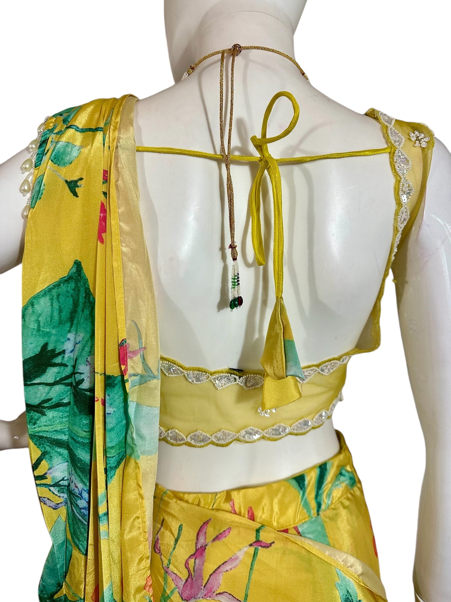 Yellow printed stitched saree