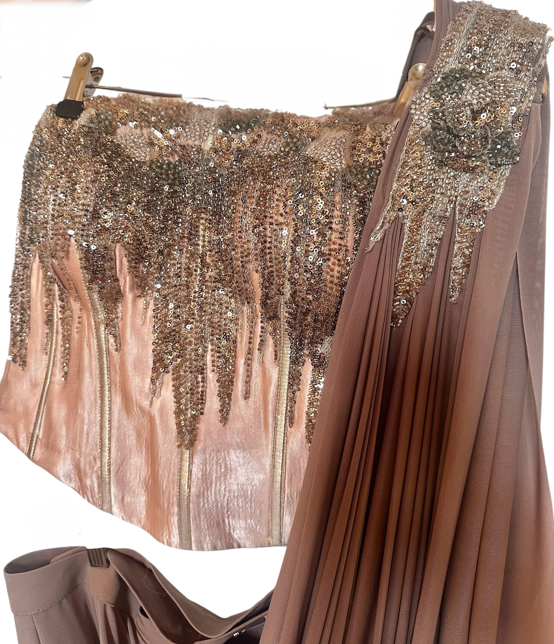 Taupe color stitched lycra saree