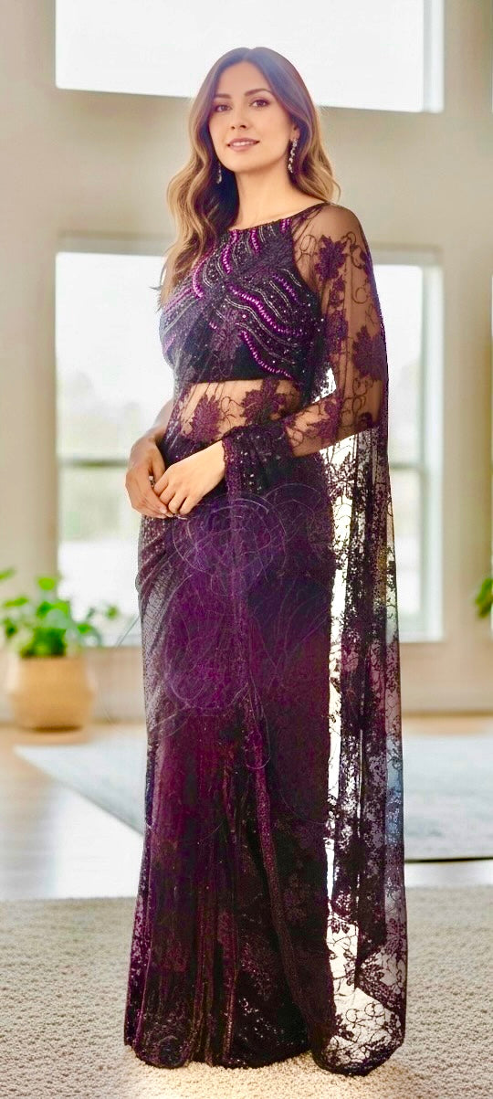 Purple chantley lace saree