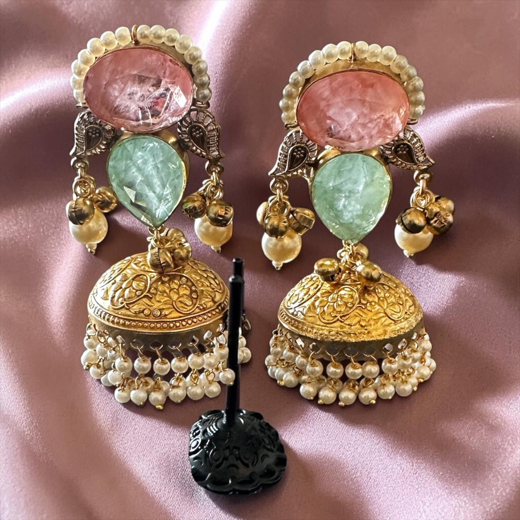 Pink n blue stone jhumkaas