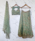 Sea-green stonework lehenga