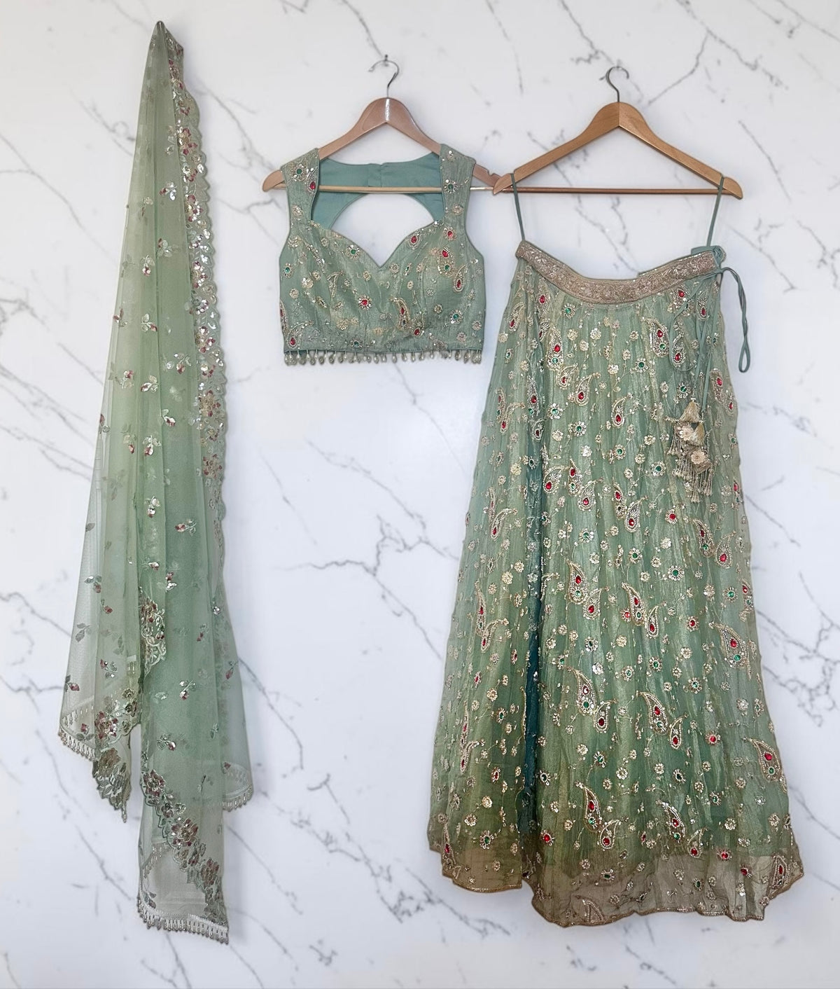 Sea-green stonework lehenga