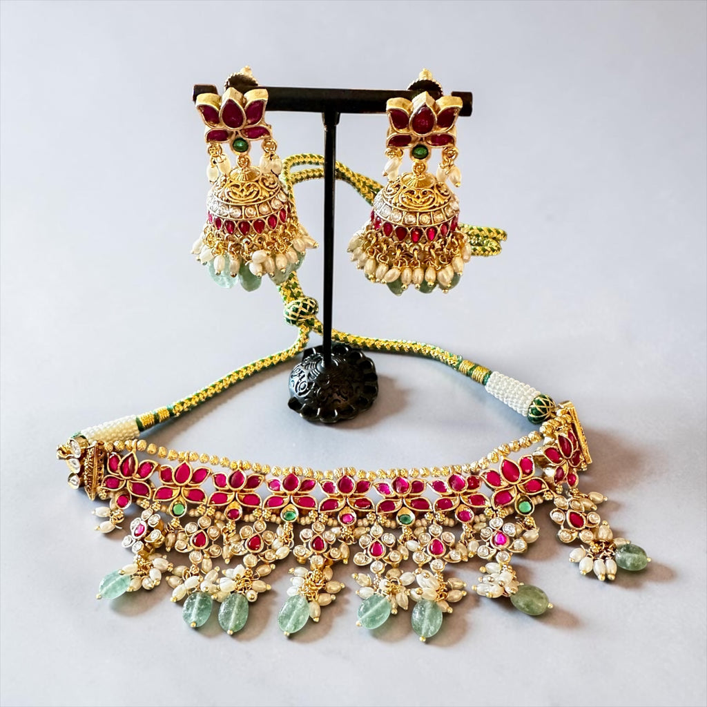 Ruby choker set with blue drops