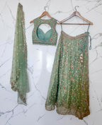 Sea-green stonework lehenga