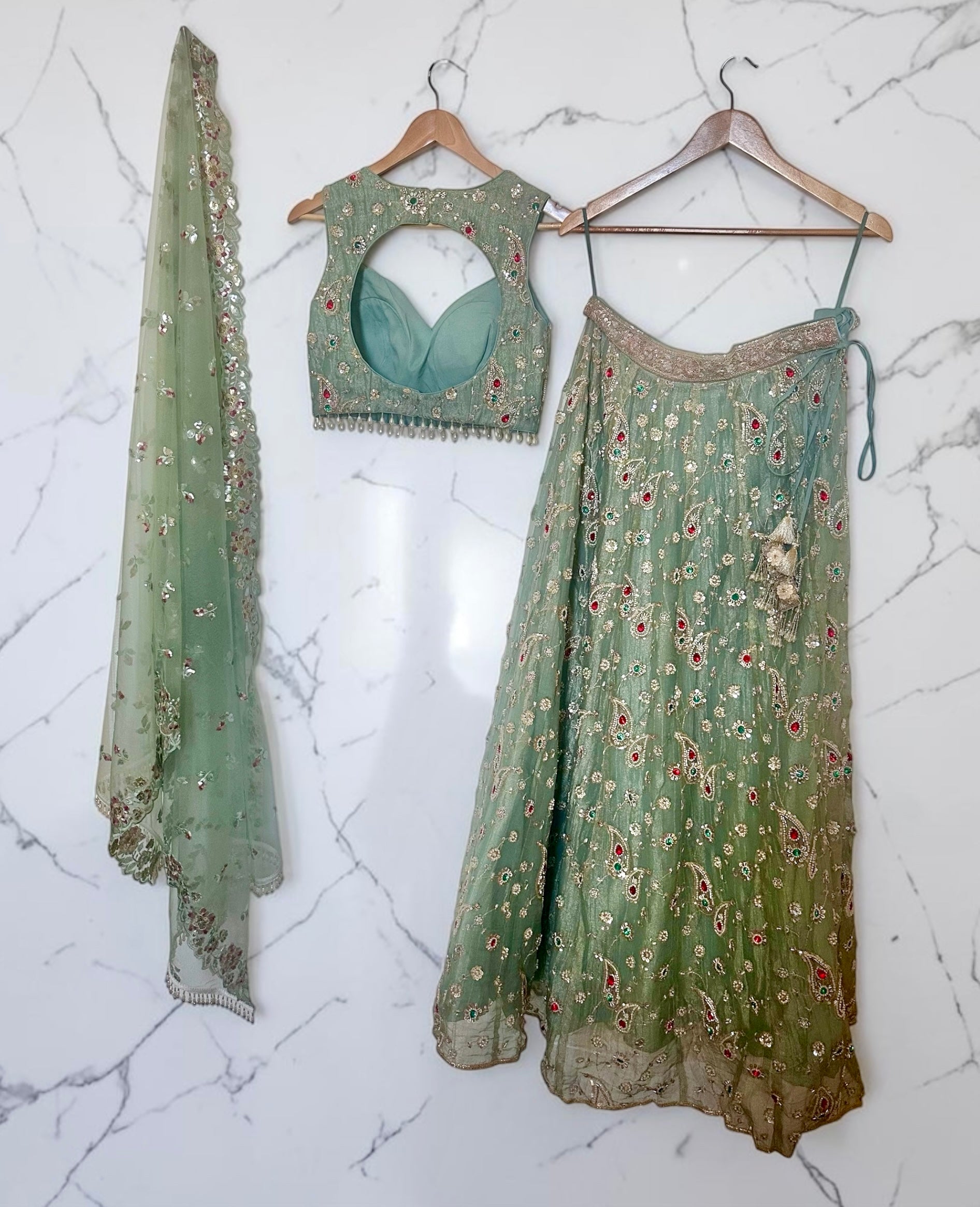 Sea-green stonework lehenga