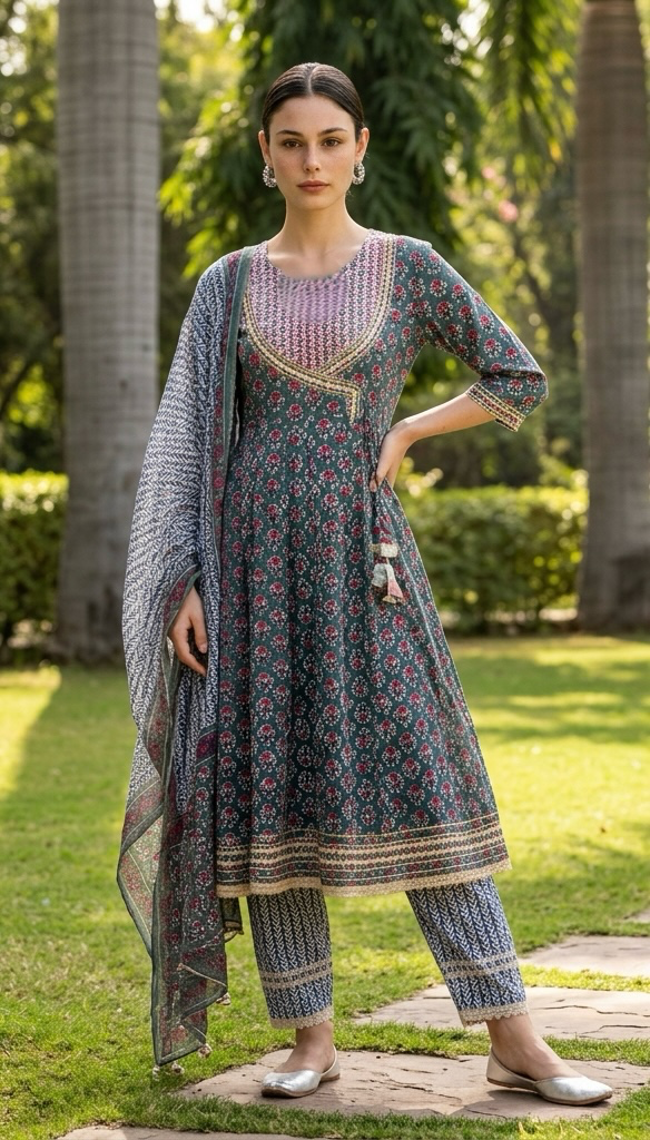 Green & blue angrakha suit