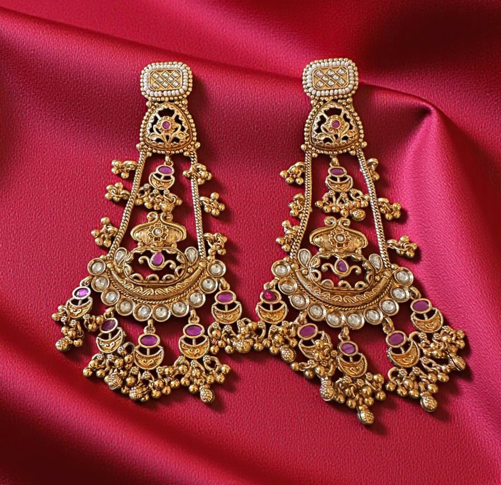 Pink n green stone gold finish earrings