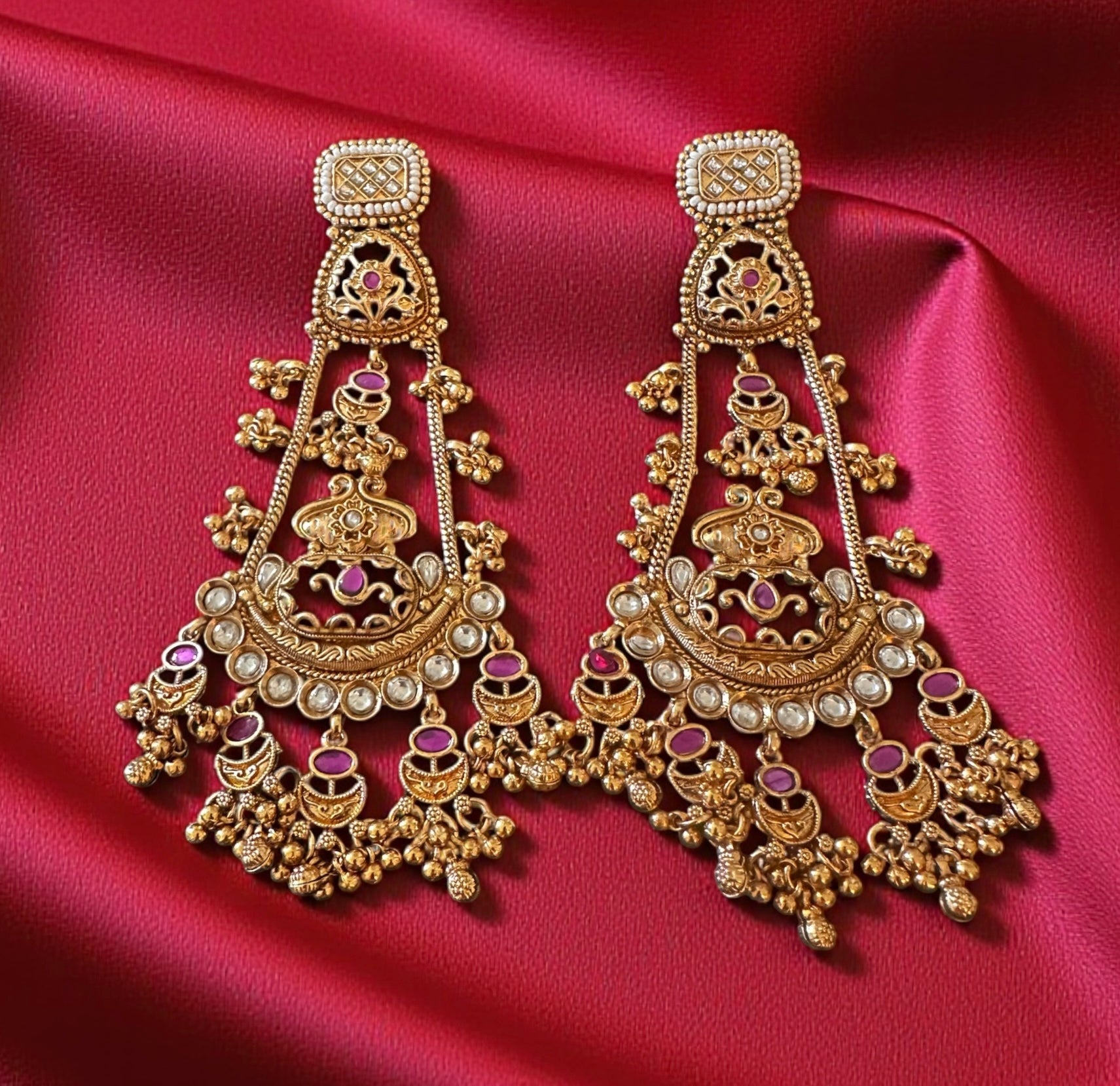 Pink n green stone gold finish earrings