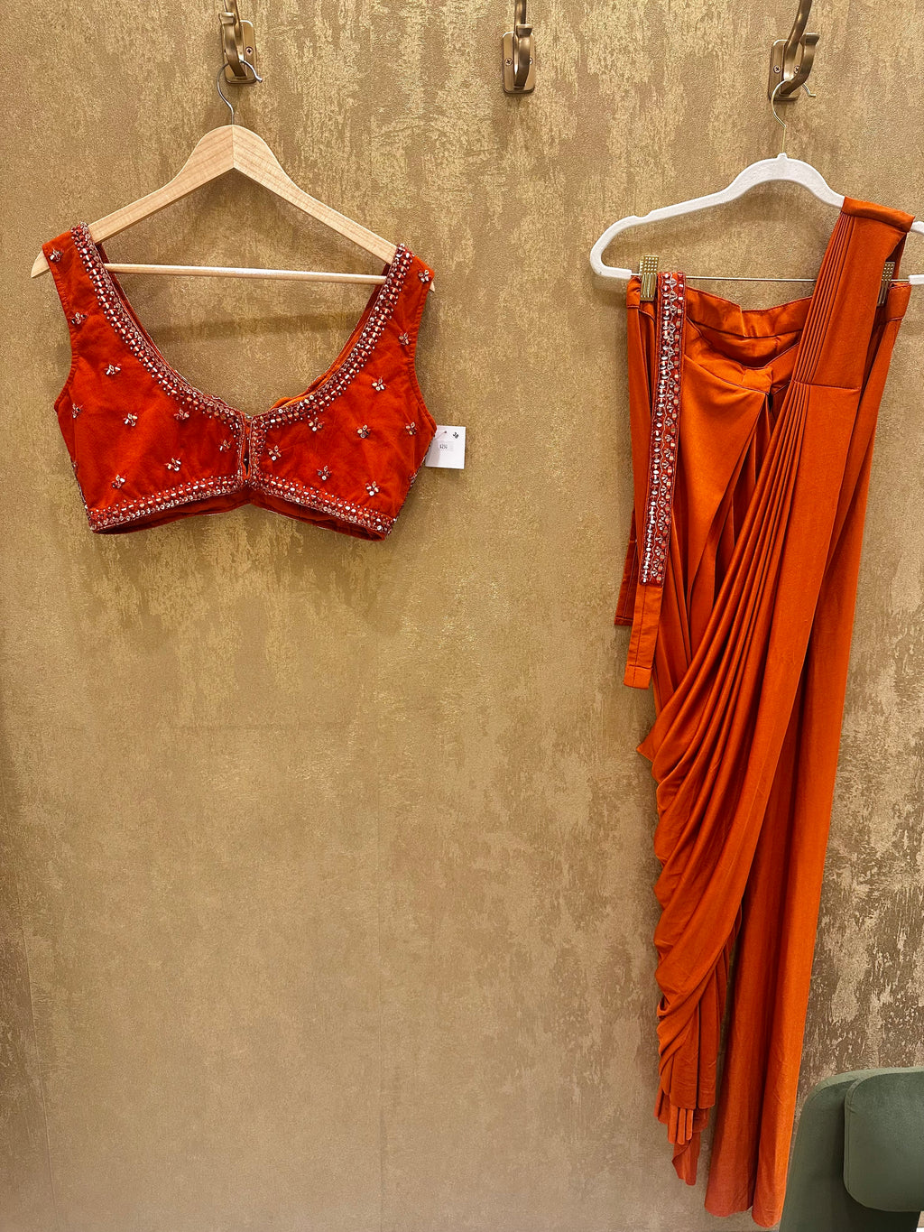 Burnt orange stitched saree