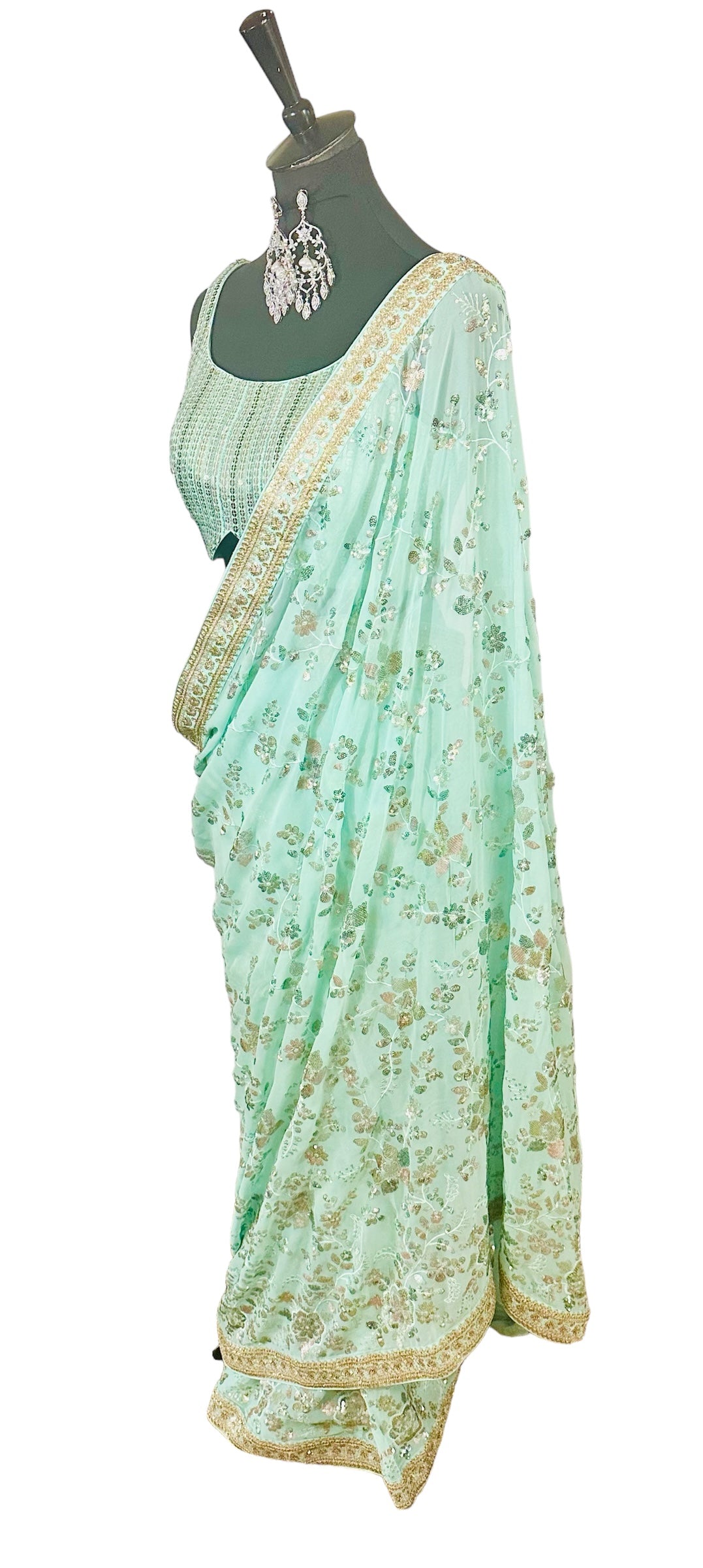 Bluish green sequins saree