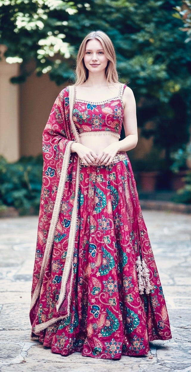 Deep magenta floral lehenga