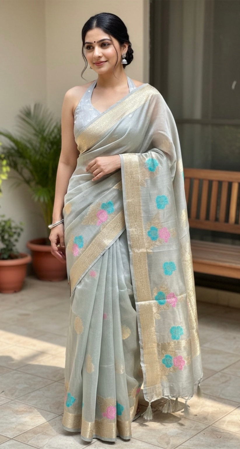 Grey chanderi silk saree