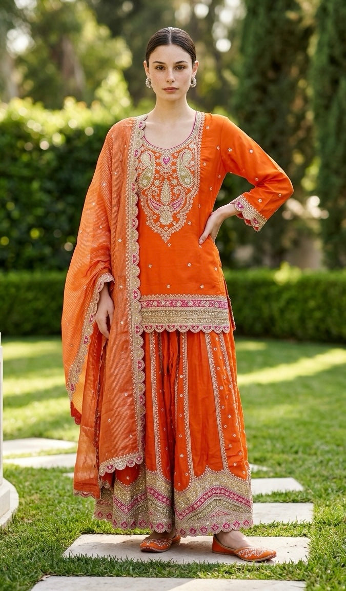 Orange colored Sharara suit