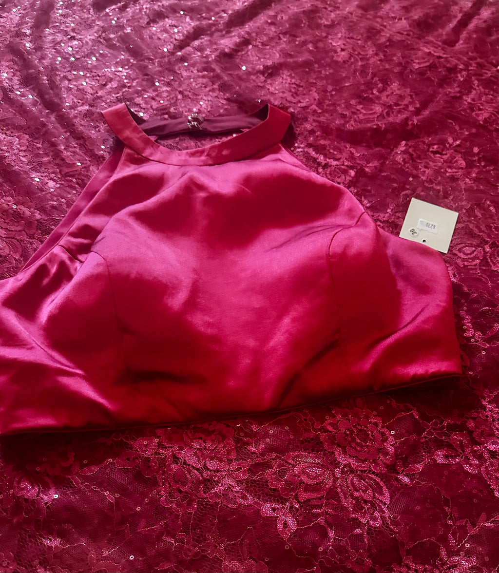 Deep red chantley lace saree