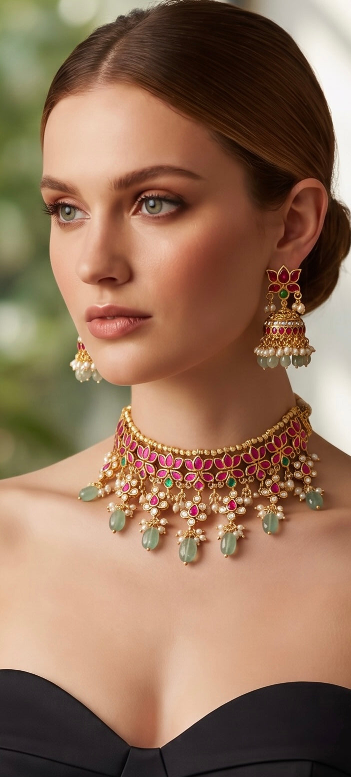 Ruby choker set with blue drops