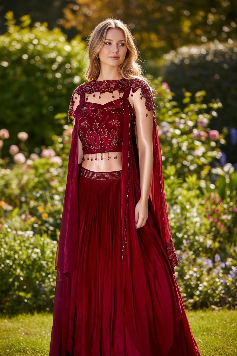Wine color fusion lehenga set