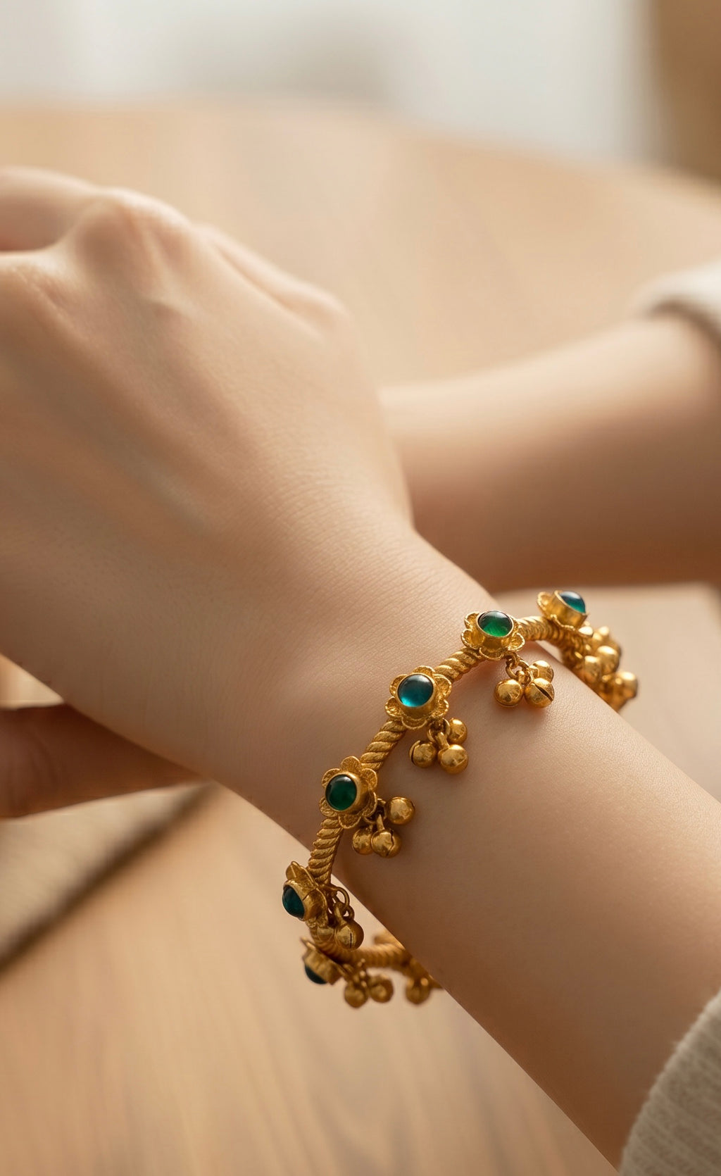 Emerald green stone with ghungroo bangles