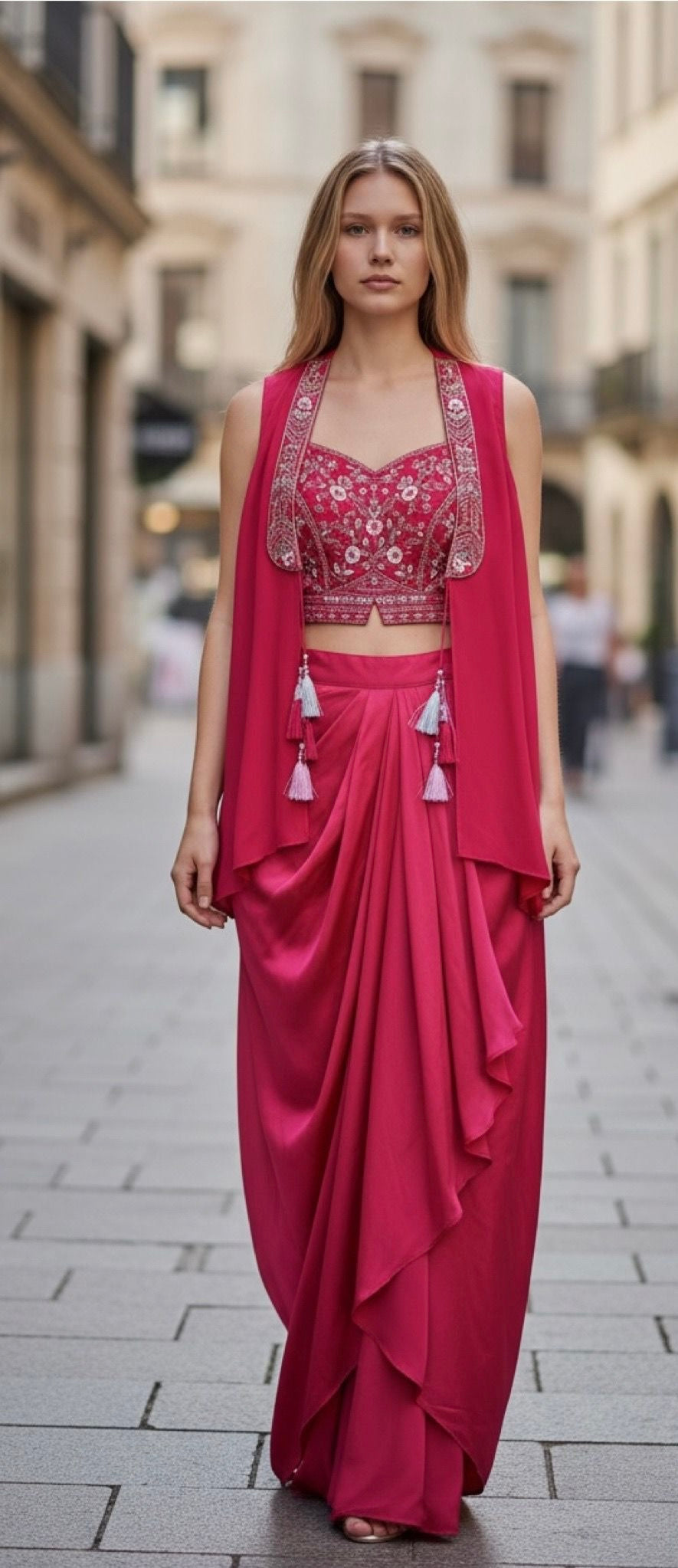 Red fusion dhoti set