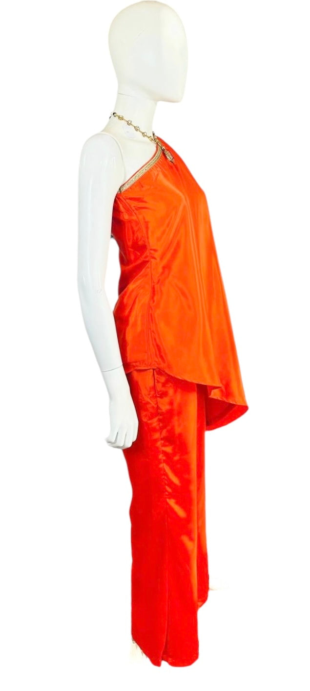 Orange one-shoulder outfit