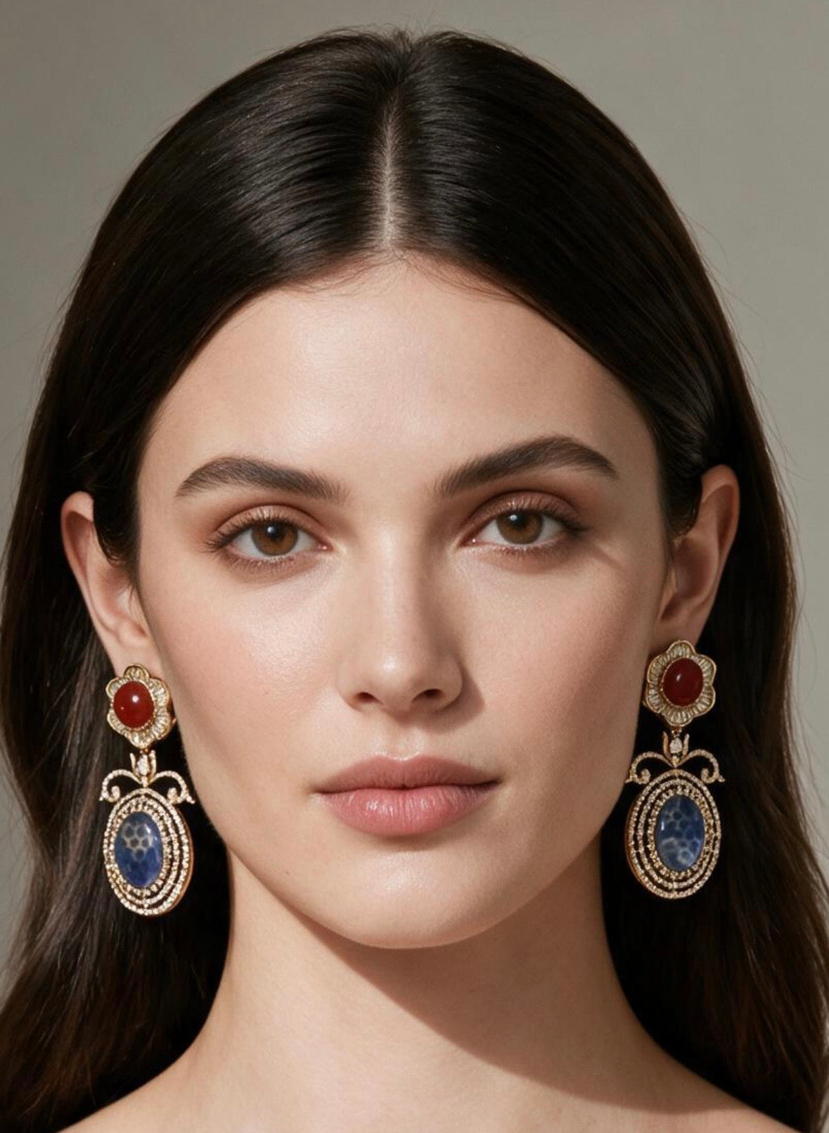 Ruby n blue stone baguette earrings