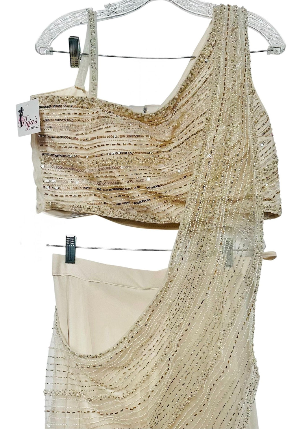 Ivory lehenga saree drape