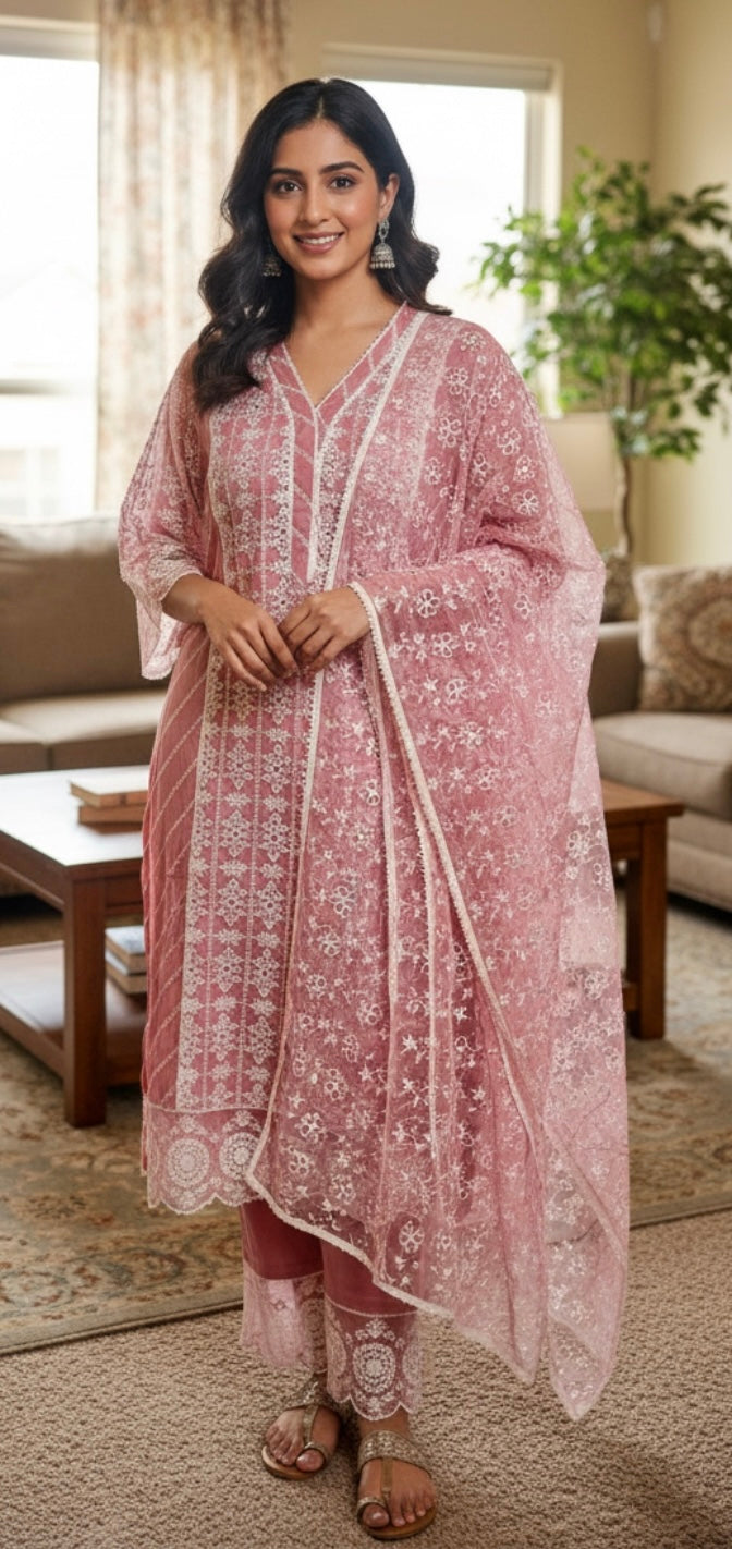 Turkish rose chikankari suit
