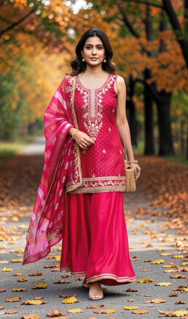 Pinkish red Sharara suit