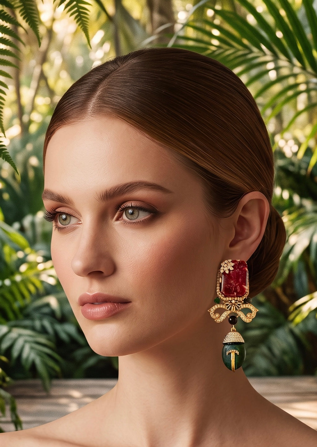 Ruby & emerald green stone earrings