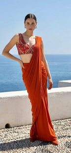 Burnt orange stitched saree
