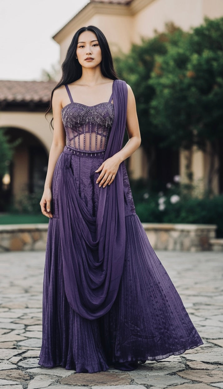 Purple corset lehenga drape