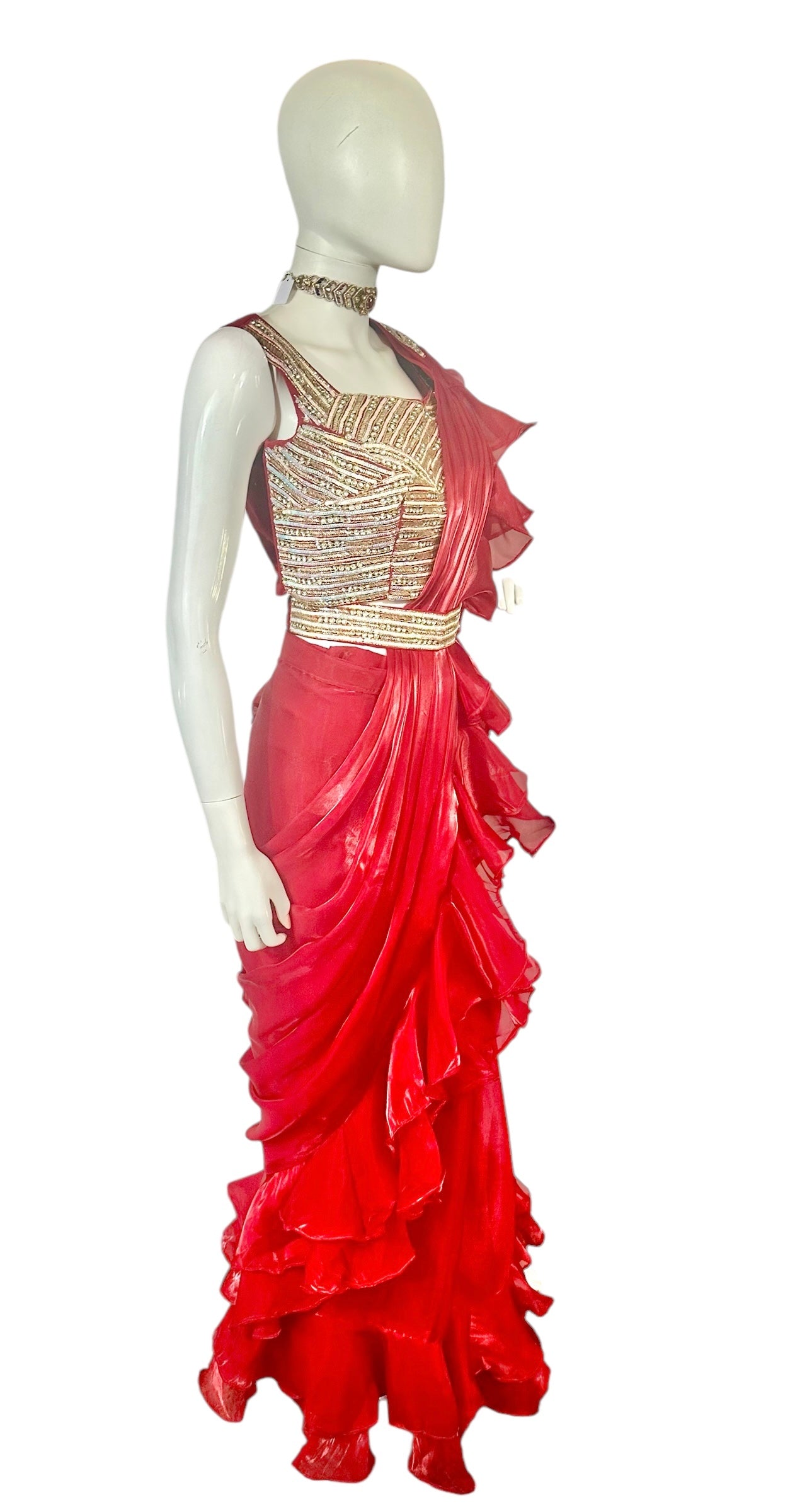 Red ruffle saree