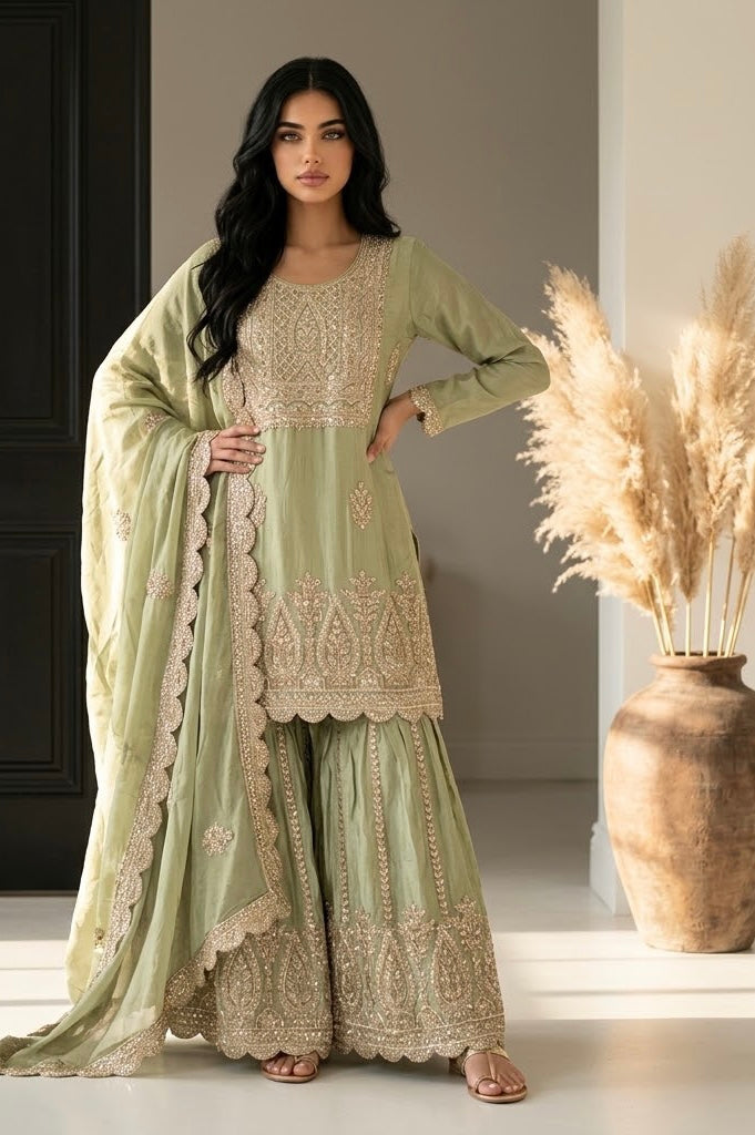 Sea-green Sharara suit