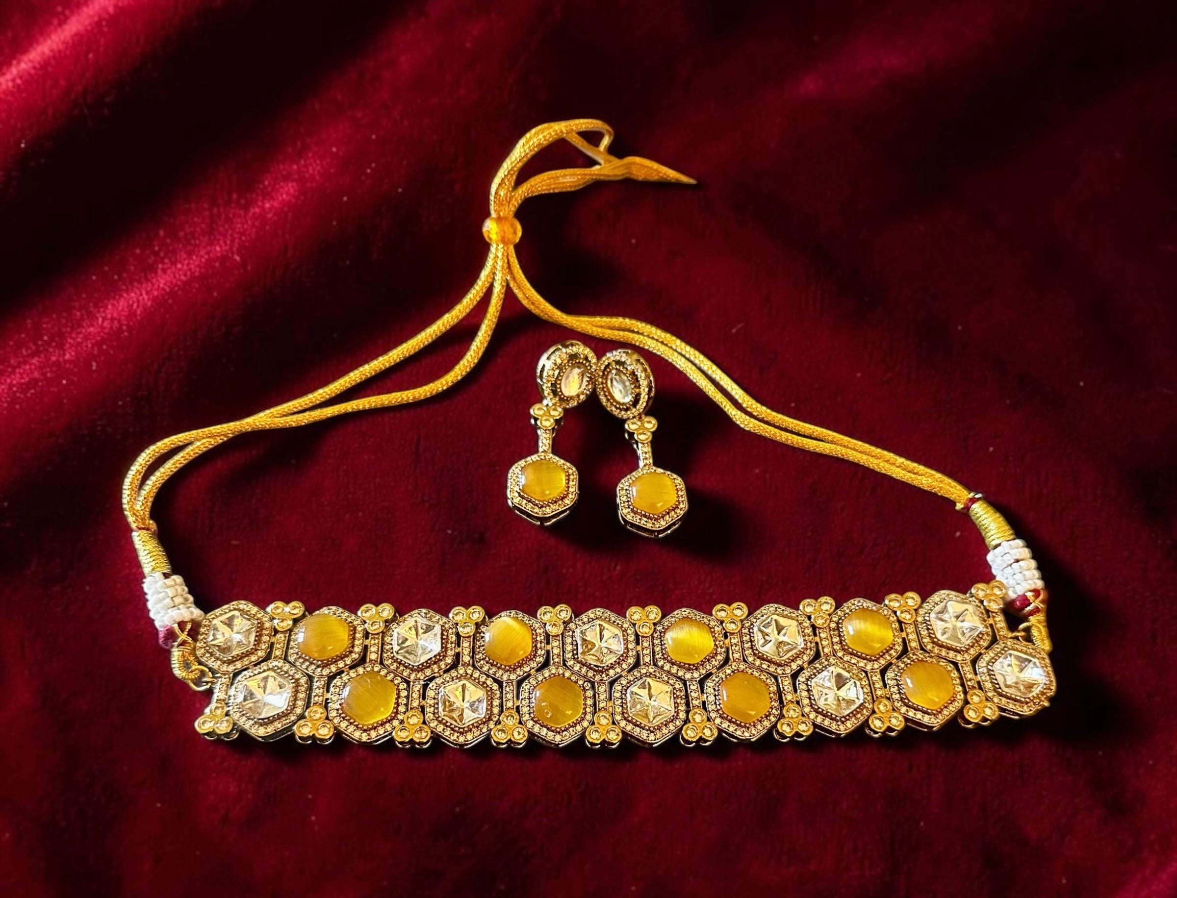 Yellow stone Polki choker set