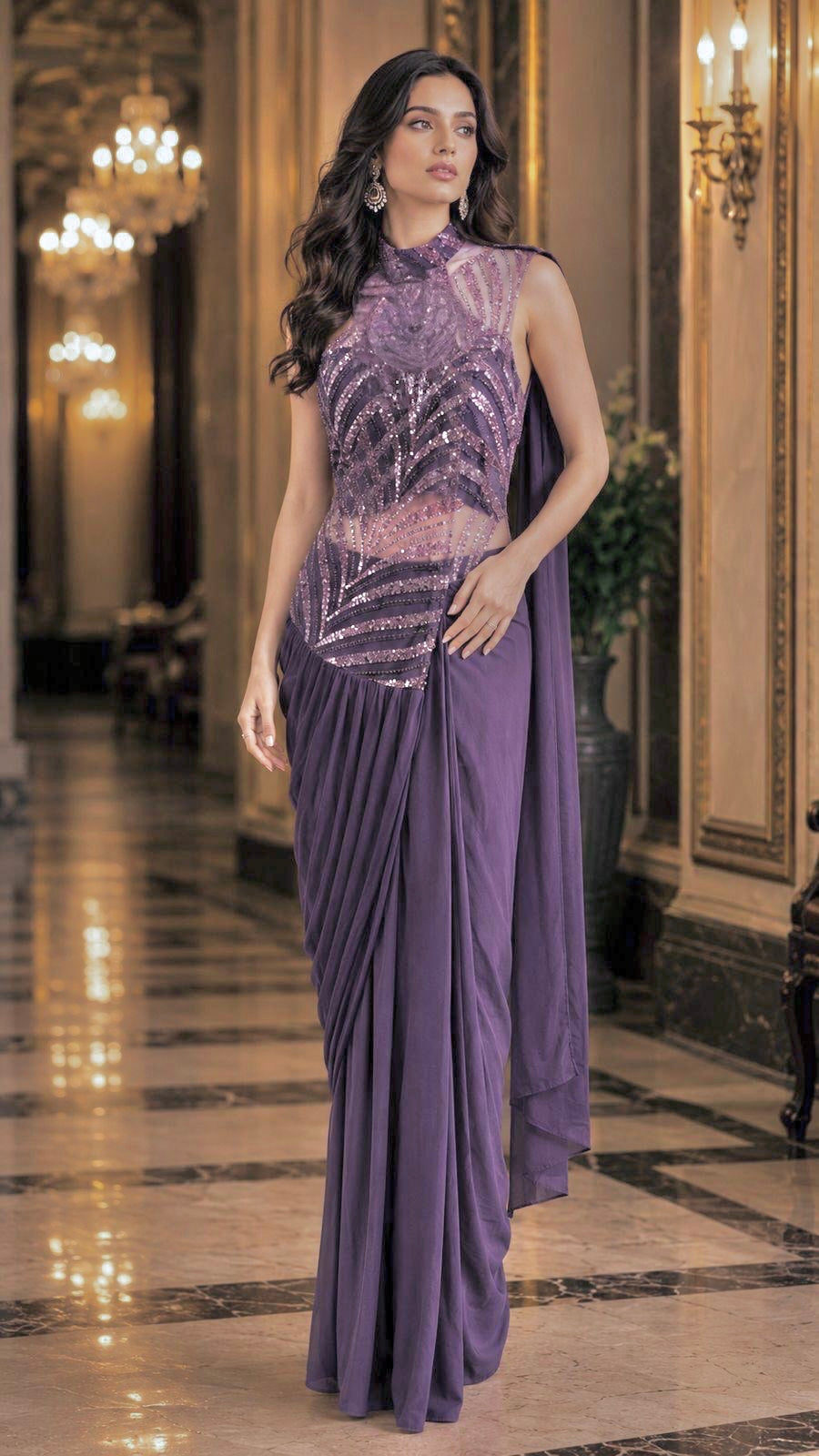 Purple Lycra stitched saree
