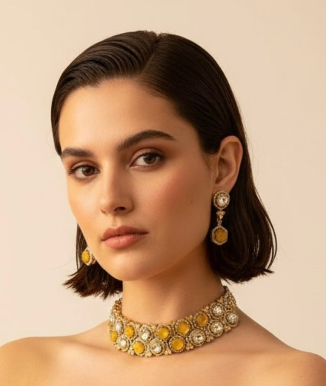 Yellow stone Polki choker set