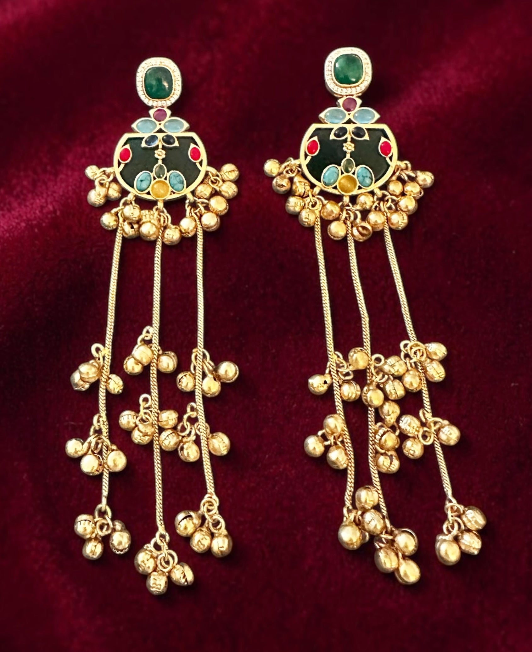 Blue base multi- stone ghungroo earrings