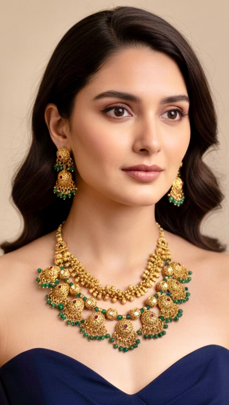 Emerald green drops gold finish set