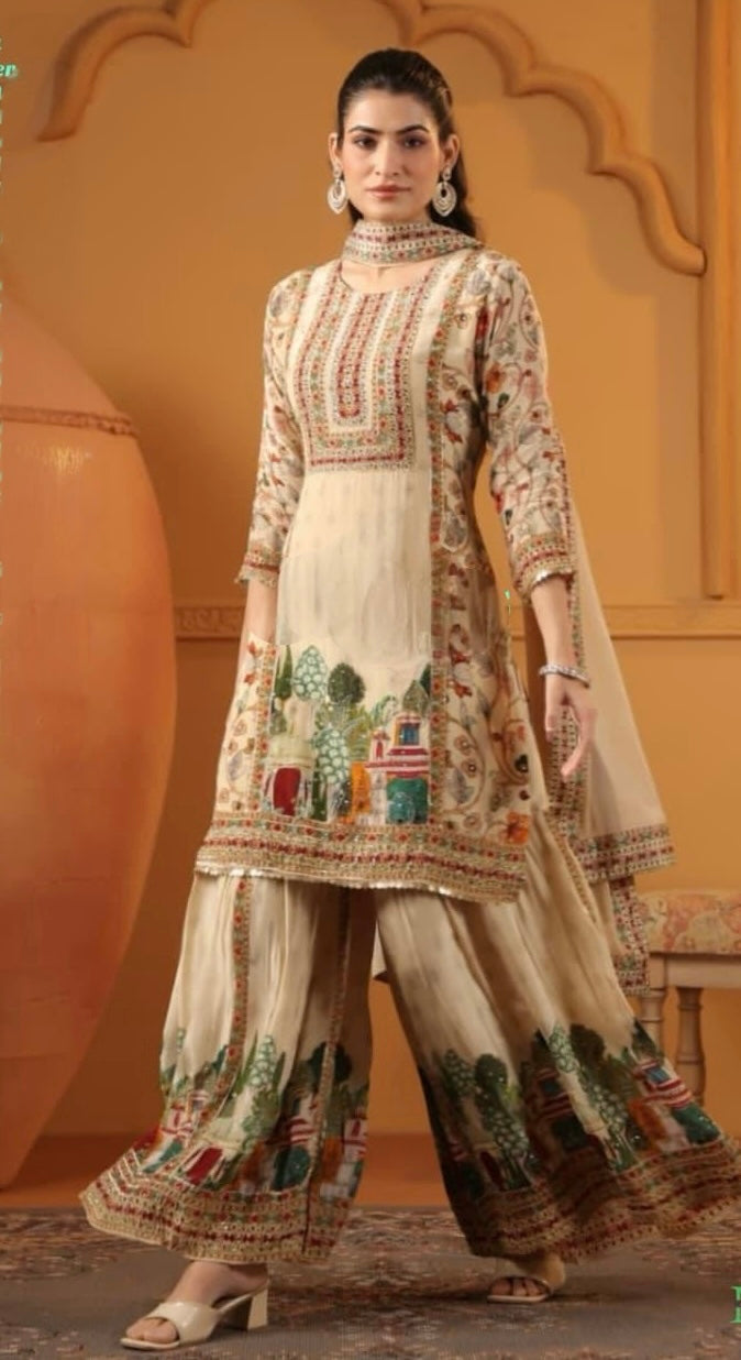 Ivory printed garara suit
