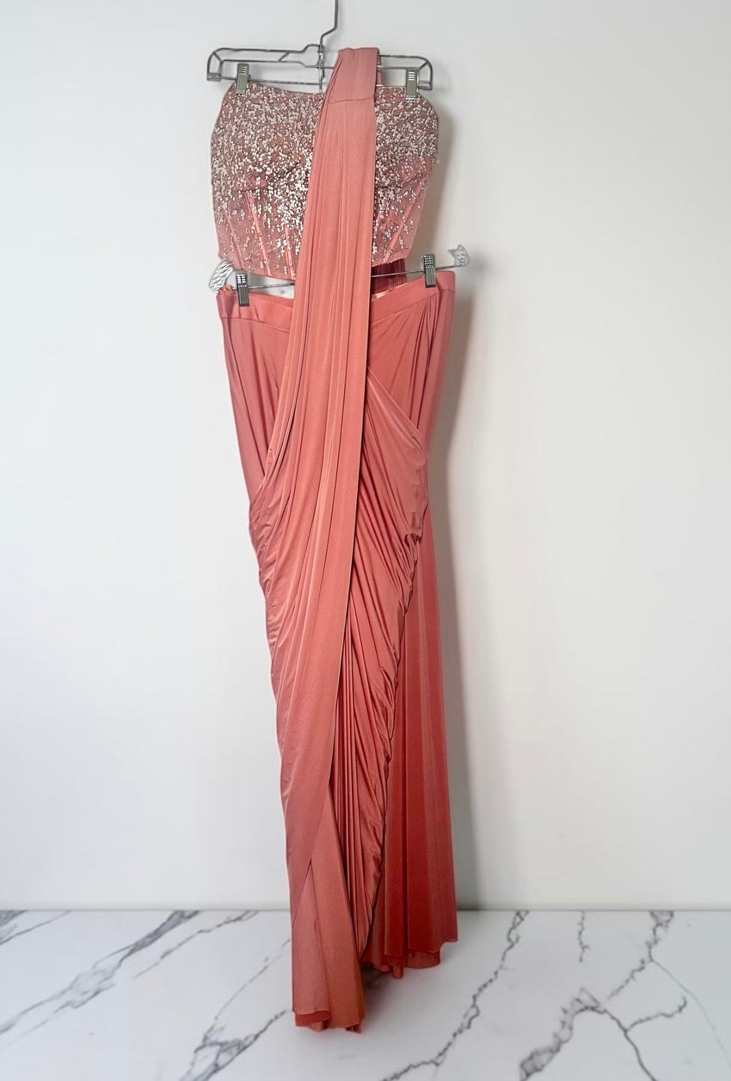 Peach Lycra stitched saree